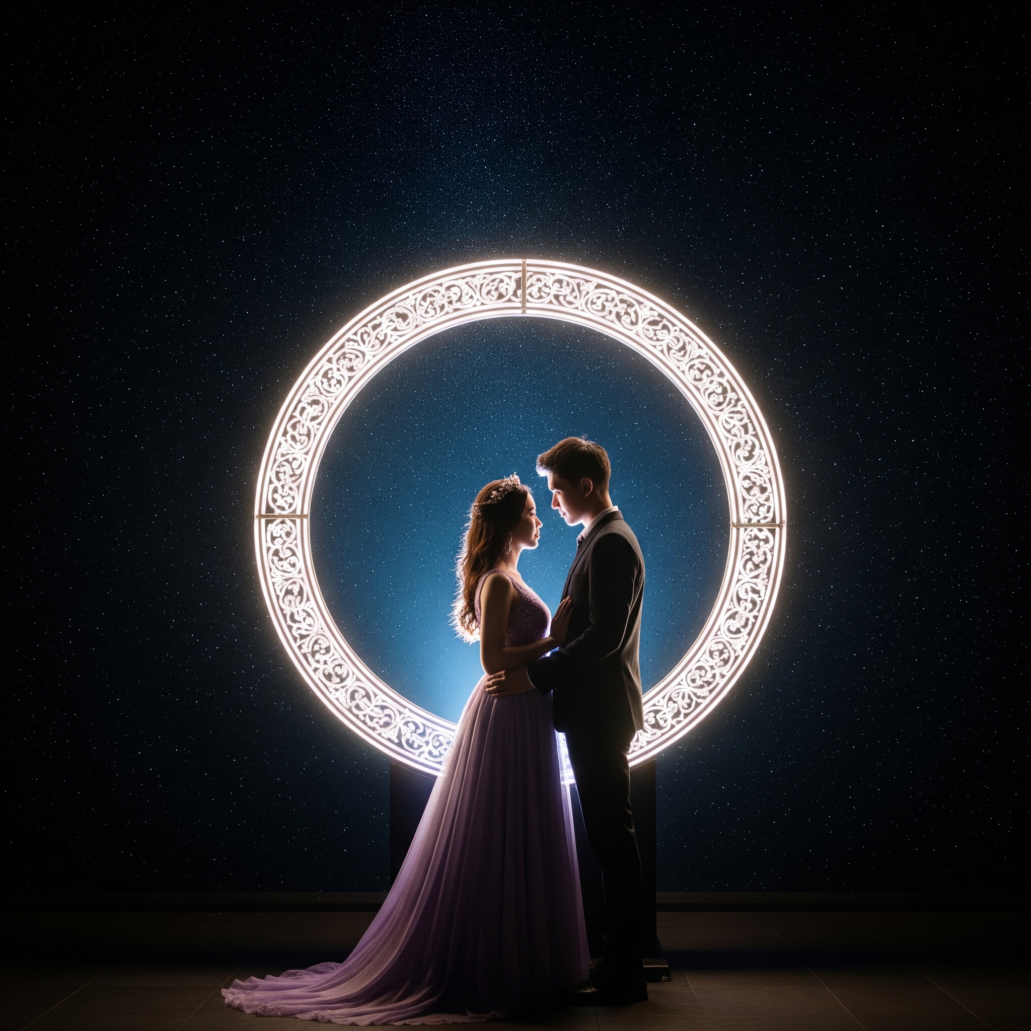 Couple silhouetted against a bright celestial background